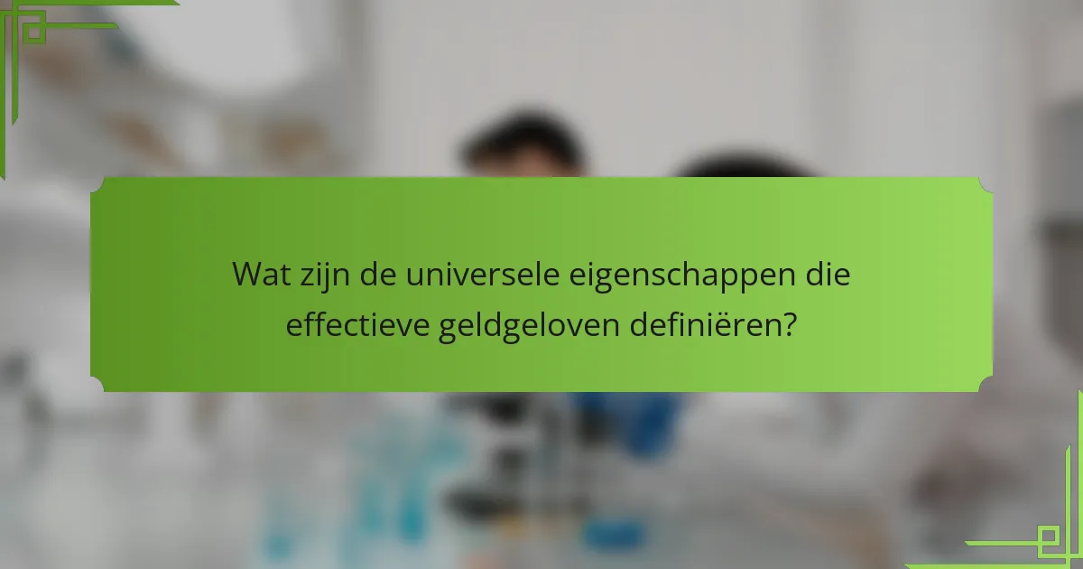 Wat zijn de universele eigenschappen die effectieve geldgeloven definiëren?